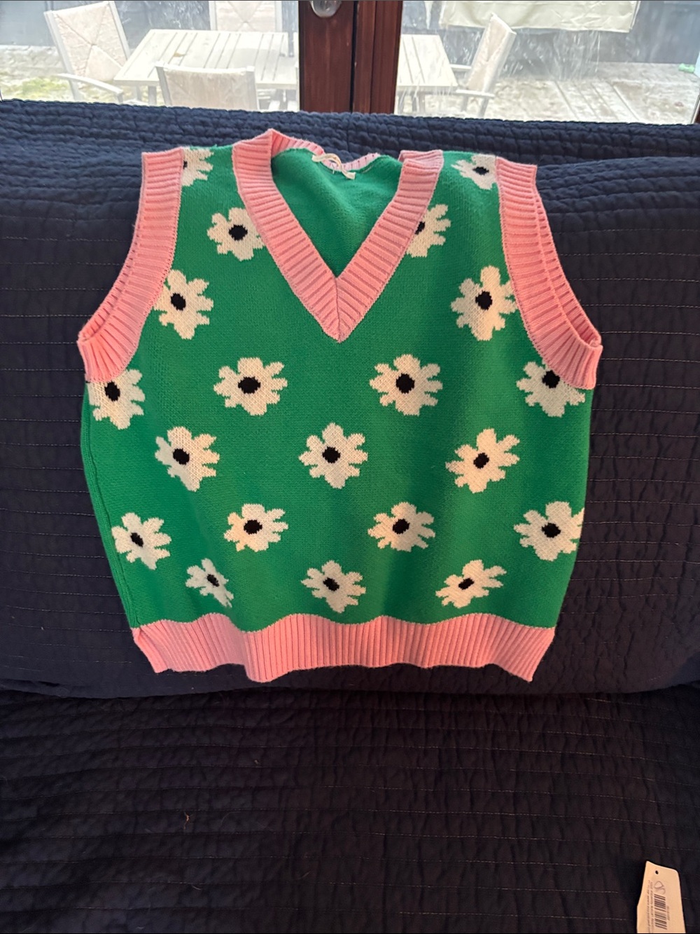 Women  Green Floral Knit Vest with Pink Trim